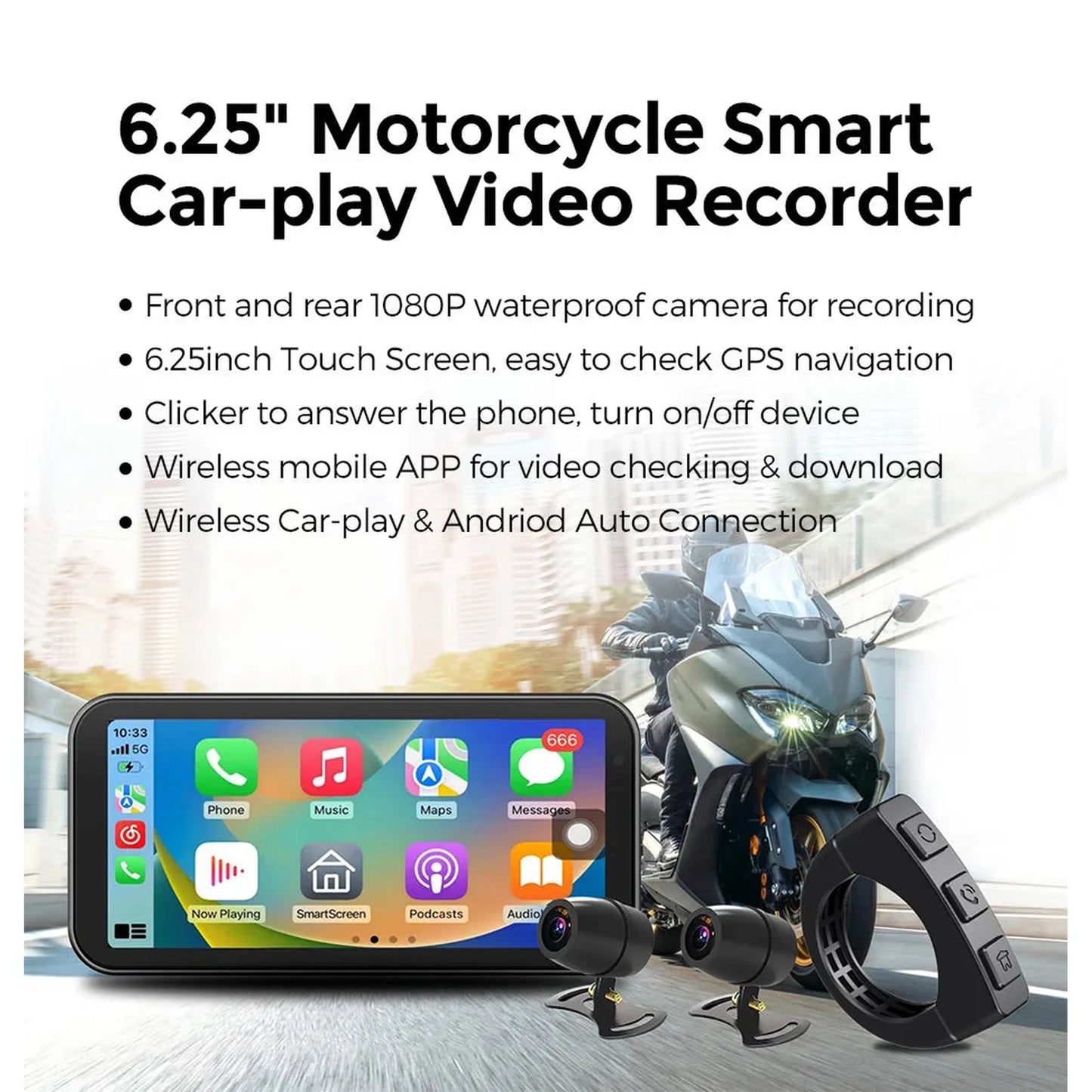 Portable 6.25 inch IP67 Waterproof Motorcycle GPS Navigation Wireless Carplay Android Auto DVR Drive Recorder Moto Monitor WIFI