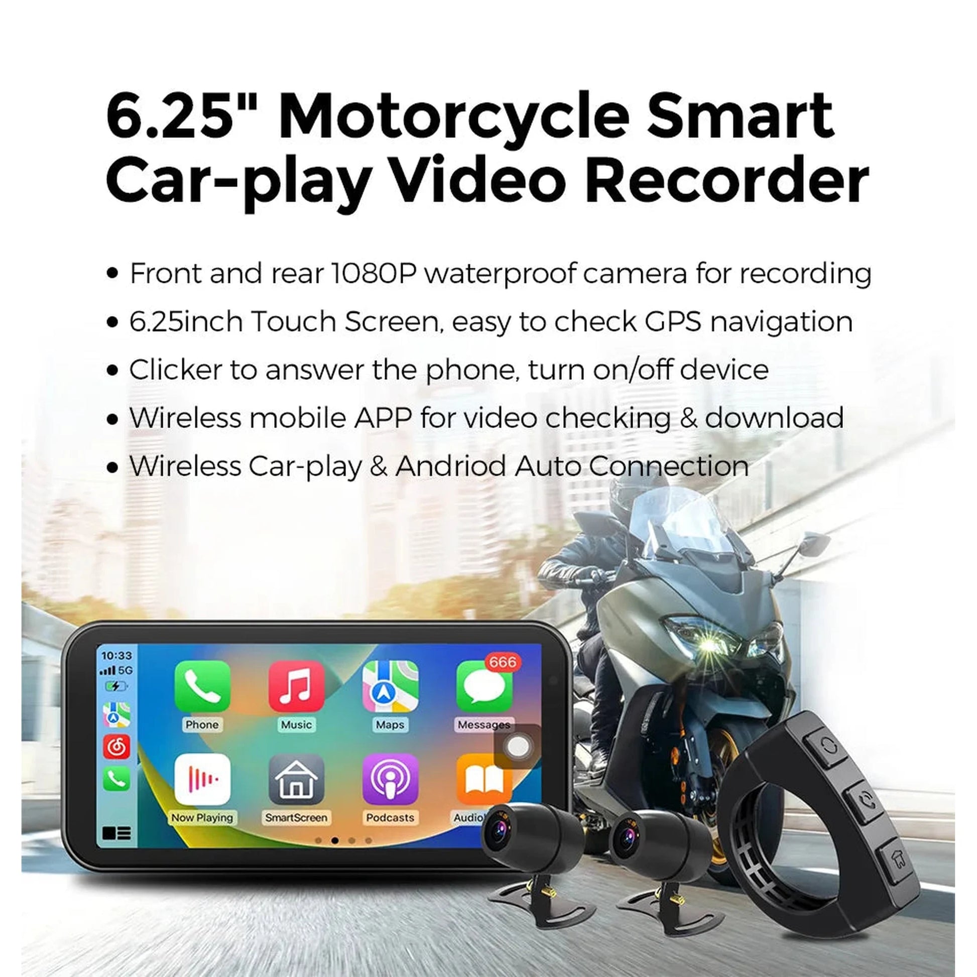 Portable 6.25 inch IP67 Waterproof Motorcycle GPS Navigation Wireless Carplay Android Auto DVR Drive Recorder Moto Monitor WIFI