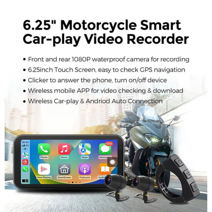 Portable 6.25 inch IP67 Waterproof Motorcycle GPS Navigation Wireless Carplay Android Auto DVR Drive Recorder Moto Monitor WIFI